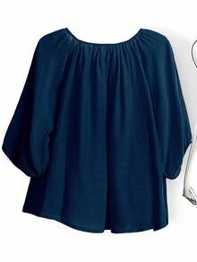 SHEIN LUNE CURVE Plus Size Solid Color Round Neck Pleated Casual Versatile Short Sleeve Shirt - Navy Blue - View 2