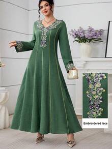Al Najma Embroidered Lace Patchwork Elegant Modest Long Sleeve Dress