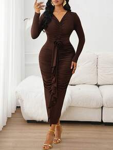 SHEIN Lady Đầm dài tay nhún bèo cổ chữ V họa tiết hoa 3D phong cách Âu Mỹ dành cho nữ - màu nâu - Xem 8