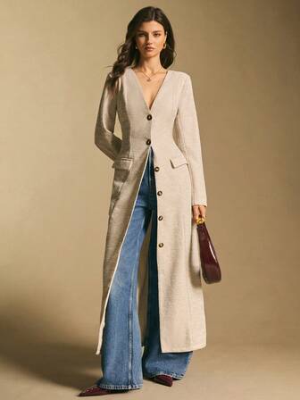 Poéselle 女士纯色V领前开襟纽扣休闲长袖开衫