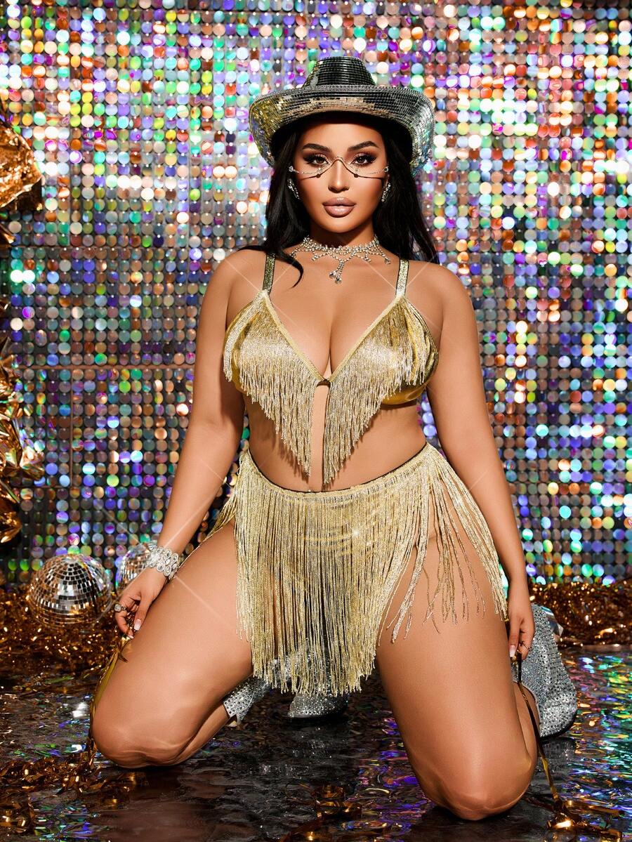 MidnightGlam Đồ lót gợi cảm tua rua cỡ lớn (Áo & Quần lót) - Vàng - Xem 1