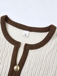 SHEIN 少女优雅提花V领金属纽扣装饰长袖修身针织连衣裙，休闲户外派对连衣裙，秋冬季 - 棕色 - 查看 4