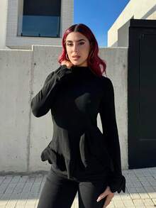 Bearsaez Women Casual Plain Stand Collar Split Hem T-Shirt, Autumn/Winter Fall Cloth For Women