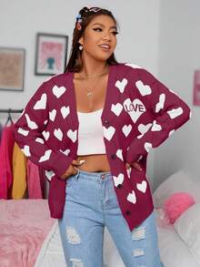 EURMUSE Plus Size Casual Heart Pattern Button-Up Cardigan, Autumn/Winter - Burgundy - View 3