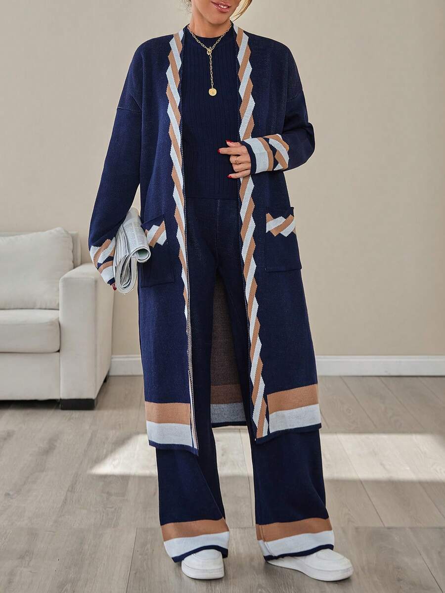 EURMUSE Cardigan & Pant & Sweater 3 Pcs Knit Set - Navy Blue - View 1