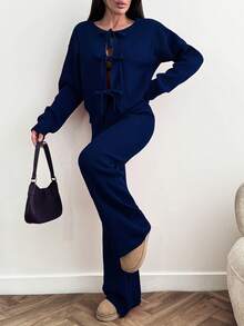 EURMUSE Women Bow Tie Front Detailed Cardigan And Sweater Pant 2 Two Pieces Set - Navy Blue - View 5