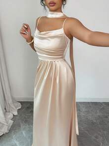 Elenzga French Fashion Women's Spaghetti Strap Front Pleated Waist Ruched A-Line Dress, Versatile & Elegant For Birthday Party, Banquet - Champagne - View 7