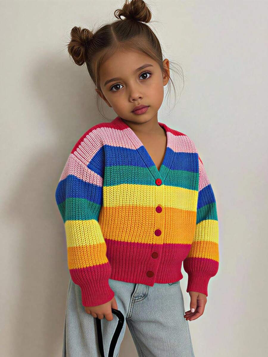 Baby Girls'Knitted Cardigan,Cute Pink Stripe Rainbow Stripes & Color-Block Sweaters,Autumn Matching Family Pride Month Soft Stylish Long-Sleeve - Multicolor - View 1
