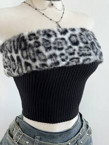 Elamini 女士豹纹抹胸上衣，Y2K风格休闲日常穿搭，撞色豹纹人造毛皮，秋冬款 - 彩色 - 查看 4
