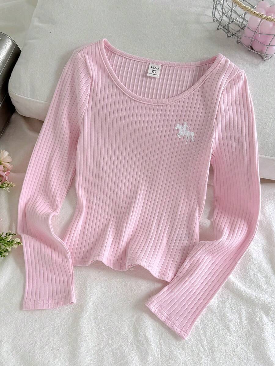 Tween Girls' Ribbed Crew Neck Elastic Fitted All-Match Versatile Long Sleeve T-Shirt, Comfortable - Pink - View 1