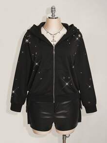 SHEIN ICON Sudadera con capucha casual con decoración de metal para tallas grandes, otoño/invierno - Negro - Ver 4