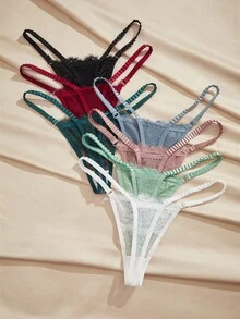 Charlaine 7pcs/Pack Women's Solid Color Bow Decor Sexy Lace Low-Rise Thong Panties - Multicolor - View 2