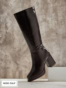 SHUZIA #宽筒女式 3.25 英寸粗跟和 1 英寸厚底方头高级油巧克力色过膝长靴 – 时尚、精致，彰显您大胆的秋冬风格。 - 咖啡棕 - 查看 4