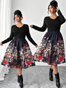 SHEIN Elenzya 女士大码优雅印花秋季连衣裙 - 黑色 - 查看 1