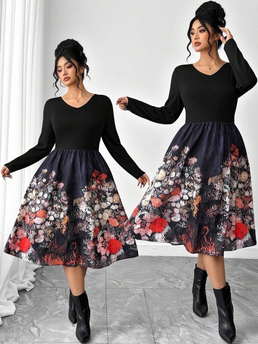 SHEIN Elenzya 女士大码优雅印花秋季连衣裙 - 黑色 - 查看 1