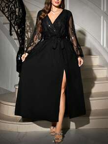 Gownix 大码优雅派对亮片流苏拼接连衣裙 - 黑色 - 查看 4