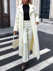 EURMUSE Women's Solid Mini Ribbon Detailed Brushed Elegant Coat - White - View 3