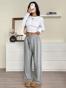 SHEIN EZwear 大码灰色高领扭结休闲宽松运动裤 - 灰色 - 查看 4