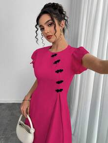 Chiquease Đầm ngắn tay cài nút phong cách Trung Hoa cổ điển - Màu Hồng Tươi - Xem 4