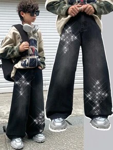 SHEIN 青少年男孩 Bolty 时尚休闲 Y2k 复古酷炫街头黑色牛仔闪亮十字水钻设计宽松舒适牛仔裤，适合日常穿着、秋冬季节、锐舞节和街头服饰。 - 黑色 - 查看 3