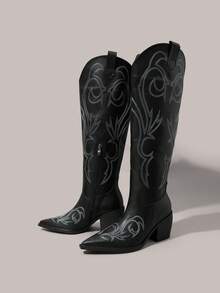 Styleloop Women's Retro Western Style Chunky High Heel Knee-High Boots For Christmas