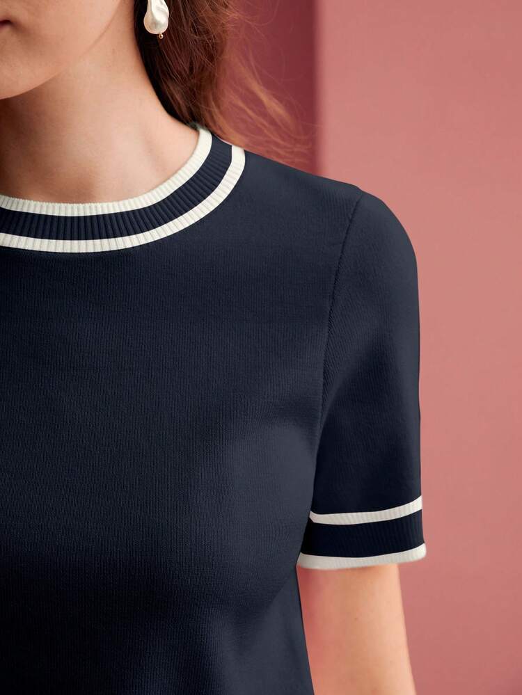 CONTRAST TRIM SHORT SLEEVE KNIT TOP KNIT PULLOVER FALL WINTER