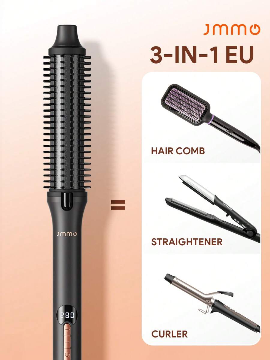 JMMO Thermal Brush Curling Brush, Blowout Heated Round Volumizer, Hair Straightener & Curler & Comb 3 In 3, Negative Ion For Smoother, LCD Display-EU Plug