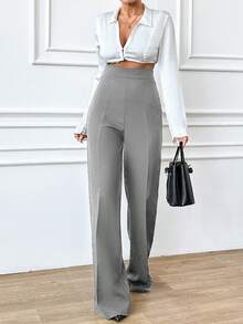 EURMUSE Petite Size Women's Casual Solid High Waist Straight Leg Pants - Light Grey - View 5