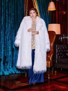VOLUPTÉ CURVE Plus Size Winter White Faux Fur Lapel Long-Sleeve Loose Full-Length Side Pocket Elegant Coat For Parties, Going Out, Birthdays, Graduation - White - View 7
