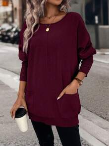 EMERY ROSE Fashionable Casual Versatile Loose Batwing Sleeve Scoop Neck Pullover Sweater For Women, Autumn/Winter - Burgundy - View 5