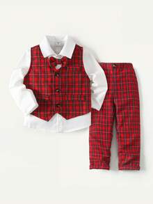 Maija Kids 男童白领长袖衬衫，酒红色格子马甲，休闲绅士套装，秋冬女童服装 - 酒紅色 - 查看 5