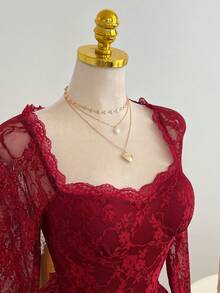 Elamini Váy ngắn lãng mạn họa tiết ren hoa - Màu Đỏ Sâu - Xem 4