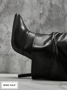 SHUZIA 女士宽筒性感尖头翻边过膝长靴，周末晚宴派对吸睛火辣细高跟靴 - 黑色 - 查看 3