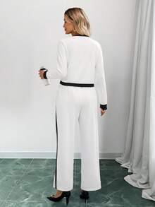EMERY ROSE Women's Autumn Contrast Color Long Sleeve Single-Breasted Top And Pants Casual 2 Pieces Set Setup Autumn Winter Women  Elegant Dresses For Party - White - View 2