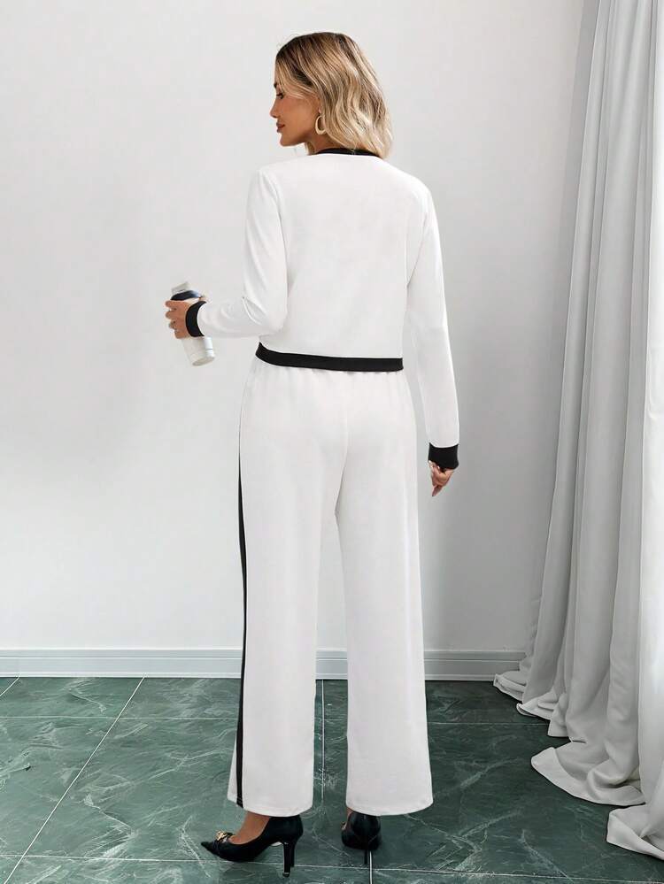Women's Autumn Contrast Color Long Sleeve Single-Breasted Top And Pants Casual 2 Pieces Set Setup Autumn Winter Women  Elegant Dresses For Party