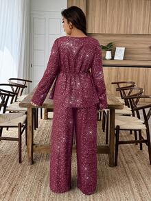 SHEIN LUNE 2pcs Set Square Neck Ruffle Hem Faux Foil Print Outfit - Burgundy - View 2