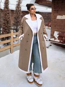 CovetEZ Plus Size Retro Fluffy Collar Long Sheepskin Coat, Autumn And Winter Fall - Khaki - View 3