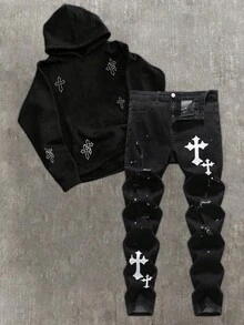 SHEIN 青少年男孩 Bolty 时尚休闲 Y2k 复古酷炫街头镂空破洞磨边 Vogue 街头白色十字图案黑色牛仔破洞弹力紧身牛仔裤日常穿着以及秋冬季节锐舞音乐节和街头服饰 - 黑色 - 查看 1