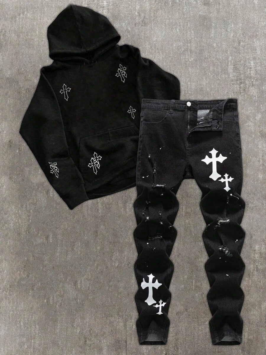SHEIN 青少年男孩 Bolty 时尚休闲 Y2k 复古酷炫街头镂空破洞磨边 Vogue 街头白色十字图案黑色牛仔破洞弹力紧身牛仔裤日常穿着以及秋冬季节锐舞音乐节和街头服饰 - 黑色 - 查看 1