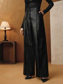 Anewsta 女士宽松时尚新款高品质柔软皮革阔腿裤