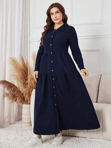 SHEIN Lacomfia Plus Size Women Casual Solid Color Button Front Long Knit Dress, Autumn - Navy Blue - View 6