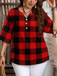 EMERY ROSE Camisa casual minimalista de talla grande con estampado a cuadros texturizado en rojo, adecuada para fiestas de primavera/otoño - Multicolor - Ver 6