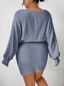 SHEIN Frenchy Đầm thời trang ôm sát tay cánh dơi lệch vai màu trơn cỡ lớn cho nữ - Màu xanh nhạt - Xem 2