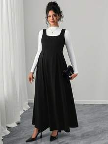 SHEIN 孕妇纯色方领吊带优雅时尚连衣裙 - 黑色 - 查看 3