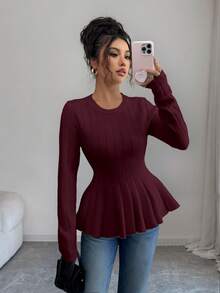 Elenzga Suéter elegante de mujer de cuello redondo ajustado, corte evasé, manga larga, unicolor, otoño - Burdeos - Ver 3