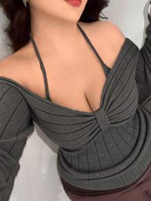 Vibekara Autumn/Winter Bowknot Drawstring Tie Design High-End Apricot Pullover Sweater - Grey - View 6