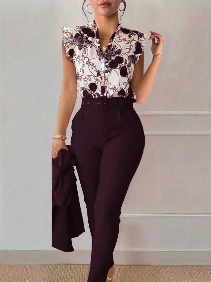 SHEIN Clasi Bộ 2 áo ren họa tiết hoa và quần đen cho nữ (có thắt lưng trang trí) - Màu đỏ tím - Xem 1