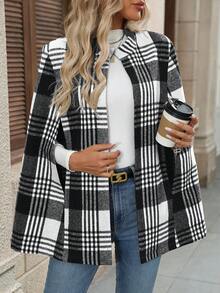 EMERY ROSE 女士休闲日常格子斗篷袖开襟外套，秋冬款 - 黑色 - 查看 1