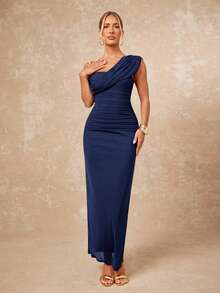 Lumalex 2025 New Summer Beach Vacation Easter Bohemian Style Beach Outdoor Wedding Season Party Adult Ceremony Back To School Party Elegant Angola Red Mesh One Shoulder Ruched Decor Fitted Bodycon Women Long Dress - Navy Blue - View 6