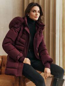 Anewsta Women's Burgundy Hooded Detachable Faux Fur Collar Cinched Waist Short Padded Coat - Burgundy - View 4